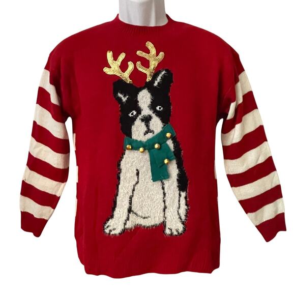 Forever 21 Boston Terrier Reindeer Party Animal Ugly Christmas Sweater Size S - Picture 1 of 4